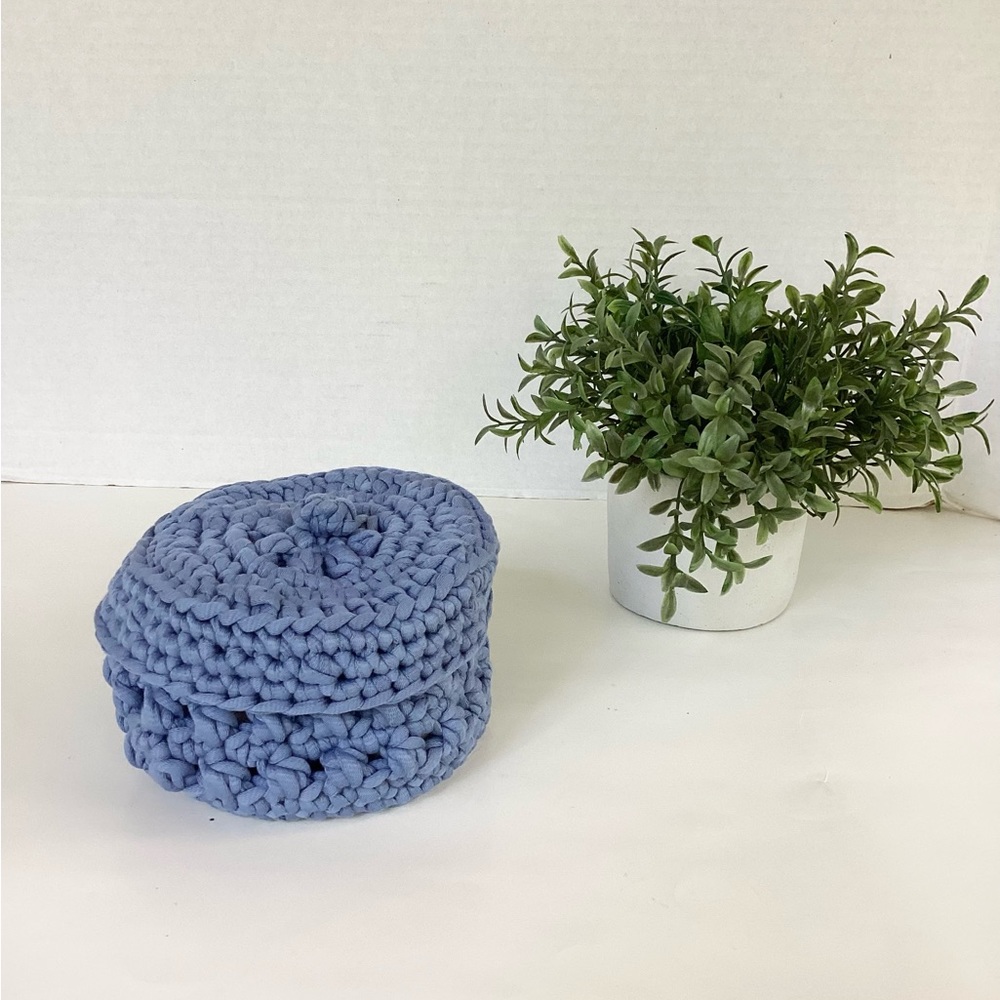 Bowl Lidded Hand Crafted Container Crochet Cotton Denim Blue Boho - Picture 2 of 16